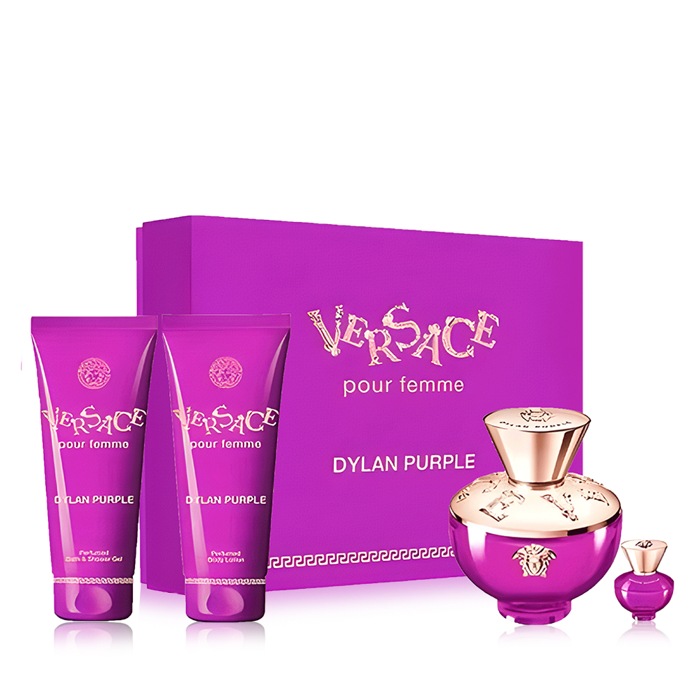 Versace Pour Femme Dylan Purple dámská sada EDP 100 ml + EDP 5 ml + sprchový gel 100 ml + tělové mléko 100 ml